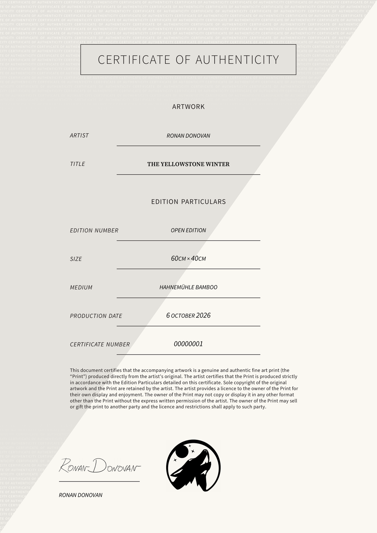 The Yellowstone Winter — Certificate of Authenticity